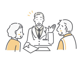 医師のアドバイスを受けるシニア夫婦　シンプルでお洒落な線画イラスト