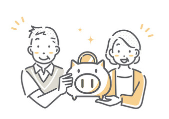 お金のことを考えるシニア夫婦　シンプルでお洒落な線画イラスト