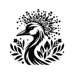 Obraz premium Crowned Crane bird in folk art black and white silhouette illustration