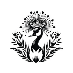 Obraz premium Crowned Crane bird in folk art black and white silhouette illustration