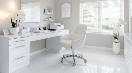 Fototapeta premium A bright, minimalistic doctorâs office with a white desk and matching chairs, window blinds softly filtering natural light, the room is uncluttered and clean, creating a serene and
