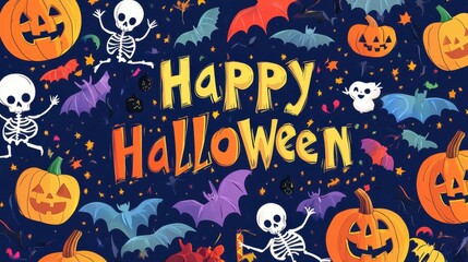 A festive Halloween banner showcases vibrant Happy Halloween text surrounded by pumpkins, playful skeletons, and flying bats