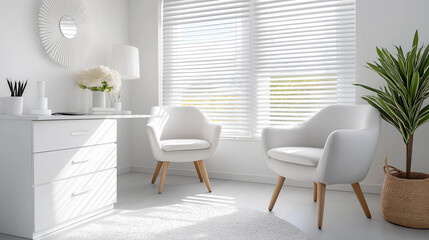 A bright, minimalistic doctorâs office with a white desk and matching chairs, window blinds softly filtering natural light, the room is uncluttered and clean, creating a serene and