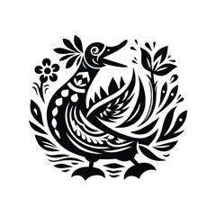 Obraz premium Duck bird in folk art black and white silhouette illustration