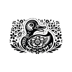 Duck bird in folk art black and white silhouette illustration