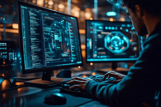 Exploring the future of technology through coding in a modern workspace at night