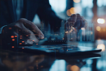 a person works with artificial intelligence on a tablet double exposure