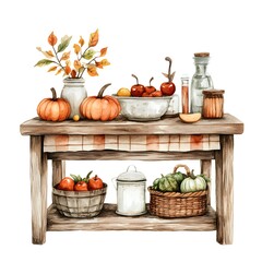 Rustic Farmhouse Table Autumn Harvest Still Life Watercolor Illustration