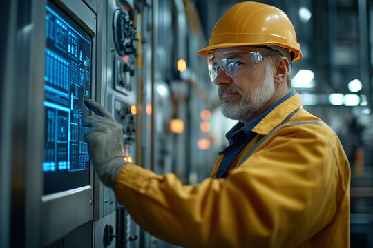 Expert technician monitors machinery operations in a European factory during busy production hours