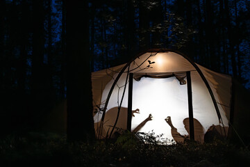 Children making shadow puppets in a camping tent
