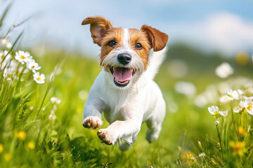 A happy dog runs through a flower meadow