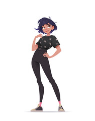 Beautiful woman standing. Smiling girl. Cartoon character. Casual outfit. She wear black t-shirt with star pattern, dark pants, and stylish sneakers with pink socks. Flat vector illustration