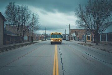 Obraz premium Yellow school bus driving on empty street