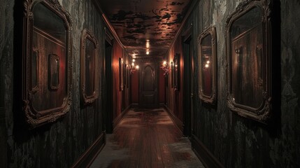 Design a creepy Halloween hallway lined with mirrors that reflect eerie shadows 