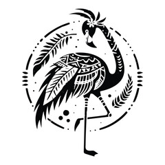 Flamingo bird in bohemian black and white silhouette illustration