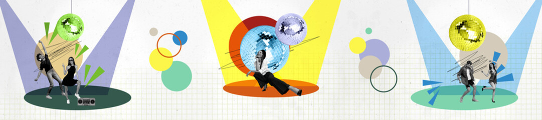 Creative panorama collage of people dancing energetic under glowing disco ball have fun
