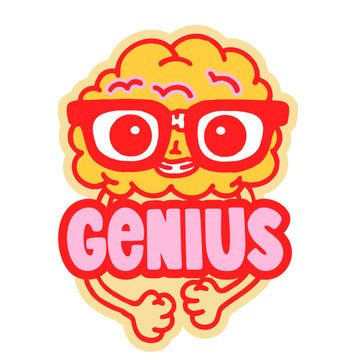 Brain character with glasses. Smart brain wearing spectacles, intelligence and education concept, nerdy brain mascot, vector illustration.
