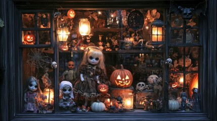 Capture a magical Halloween shop window filled with eerie dolls glowing lanterns and creepy trinkets 50 keywords