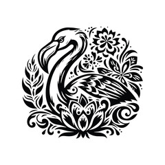Obraz premium Flamingo bird in folk art black and white silhouette illustration