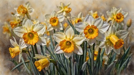Obraz premium Narcissus flowers in full bloom with bright colors on a soft blurred background