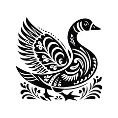Fototapeta premium Goose bird in folk art black and white silhouette illustration