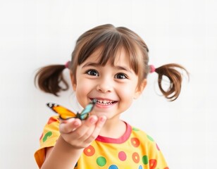 there is a little girl holding a butterfly in her hand.