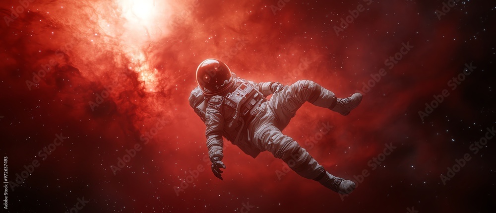 Wall mural astronaut floating in deep space with nebula background, bathed in red light, representing the myste