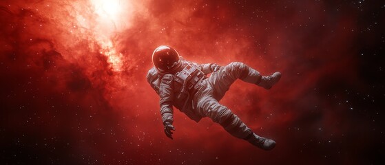 Astronaut floating in deep space with nebula background, bathed in red light, representing the mystery and expansiveness of the universe.
