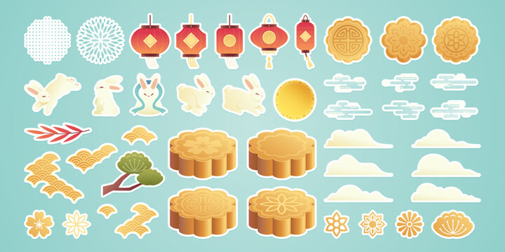 Mid autumn festival stickers in gradient style