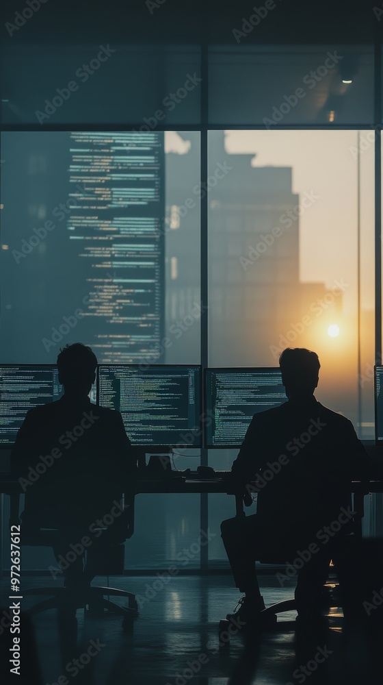 Poster Team of programmers working in a modern office with large glowing screens at sunrise. Collaborative coding and teamwork.