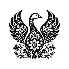 Obraz premium Goose bird in folk art black and white silhouette illustration