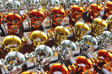 Award trophies waiting for competitors after amateur equestrian championship in row. Golden silver and bronze prizes for winners at an outdoors sport event