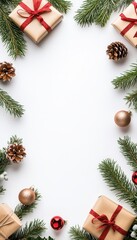 Fototapeta premium Christmas Frame, Classic Holiday Background with Fir Branches, Gifts, and Ornaments on White