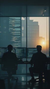 Team of programmers working in a modern office with large glowing screens at sunrise. Collaborative coding and teamwork.