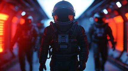 Astronauts in space suits walking in a futuristic spaceship corridor with red and blue lighting, exploring deep space on a mission.