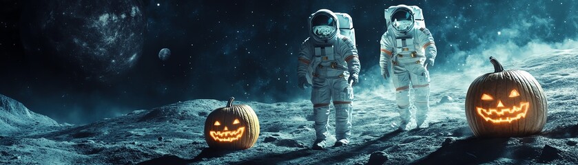 Astronauts on a moon surface with jack-o'-lanterns, blending Halloween and space exploration in a unique, surreal setting.