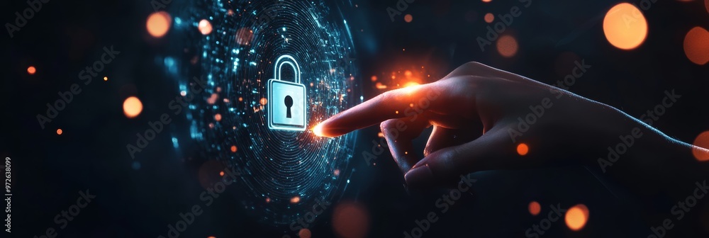Poster Hand interacting with a glowing padlock on a digital screen. Concept of cyber defense and data protection.