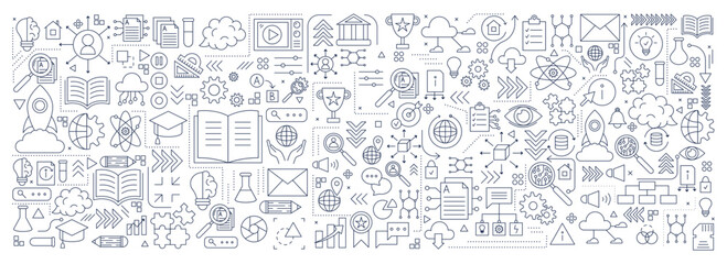 Fototapeta premium Innovate technology pattern. Infographic startup. Business brainstorm. Data icon. Social network. Strategy project. Abstract cloud connection. Education concept. Line symbols. Vector garish background