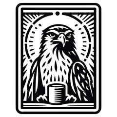 Hawk bird in Tarot card black and white silhouette illustration