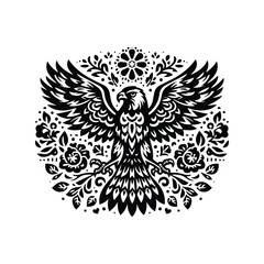 Fototapeta premium Hawk bird in folk art black and white silhouette illustration