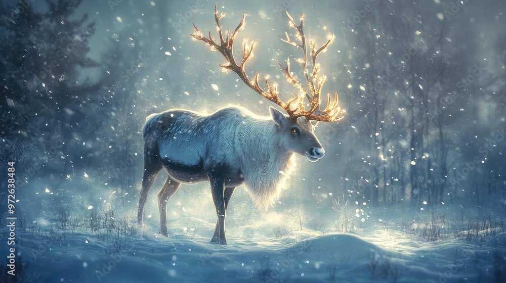 Poster a majestic reindeer stands gracefully in a snowy forest, illuminated by soft light and surrounded by