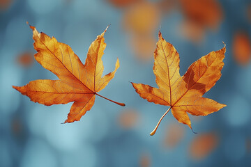 Golden maple leaves delicately swirling down against a serene autumn backdrop