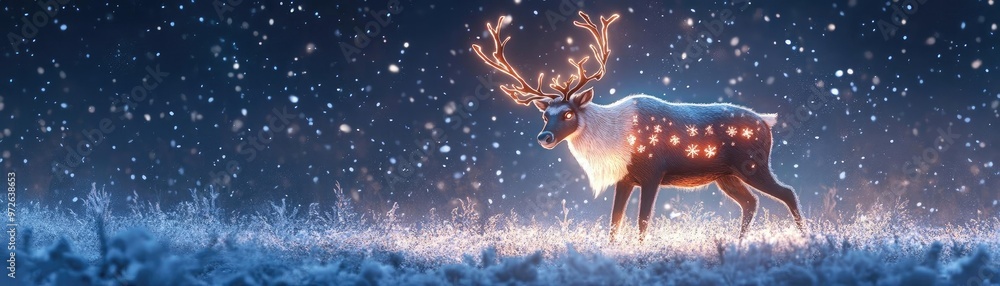 Poster a glowing reindeer stands in a snowy landscape, surrounded by falling snowflakes, creating a magical