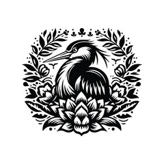 Obraz premium Heron bird in folk art black and white silhouette illustration