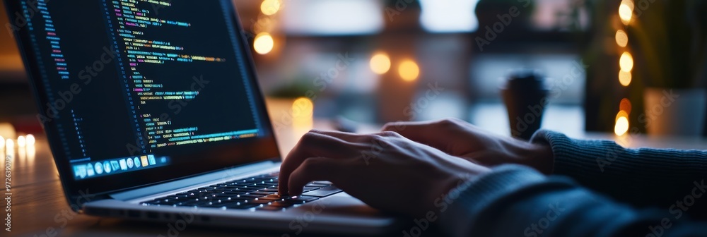 Poster hands typing code on a laptop with festive lights in the background, warm and cozy workspace.
