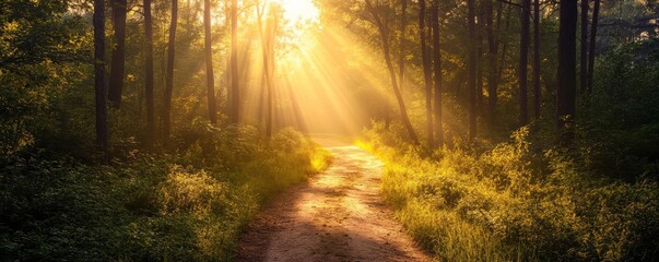 Obraz premium Serene forest path illuminated by sunlight, featuring lush greenery and warm tones, perfect for nature enthusiasts or relaxation.