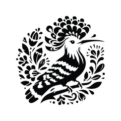 Hoopoe bird in folk art black and white silhouette illustration