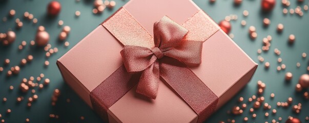 Obraz premium A beautifully wrapped pink gift box adorned with a delicate ribbon, surrounded by shiny decorative beads on a green background.