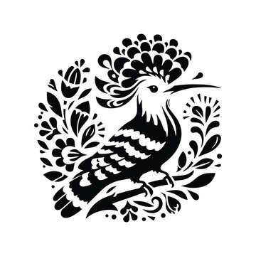 recommend clip art: Hoopoe bird in folk art black and white silhouette illustration