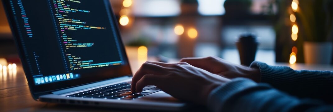 Hands typing code on a laptop with festive lights in the background, warm and cozy workspace.
